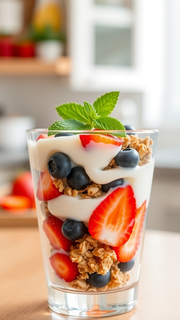 Yogurt Parfait Recipe A colorful yogurt parfait with layers of yogurt, fruits, and granola in a glass, garnished with mint.